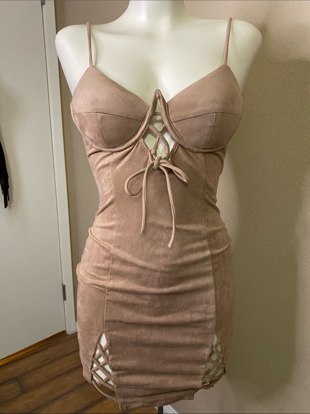 Privy Tan suede look stretch Knit bustier bodycon club dress S